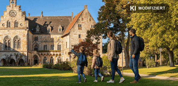 Familie mit Rucksäcken spaziert vor einer historischen Schlossanlage und Parklandschaft (KI)