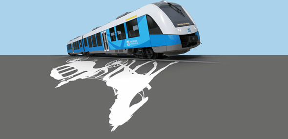 Blue regional train of Bentheimer Eisenbahn AG with stylized shadow motifs of bus, train and bicycle