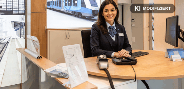 Freundliche Kundenservice-Mitarbeiterin am Schalter der Bentheimer Eisenbahn AG (KI)