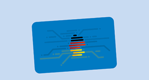 Digitales Ticket oder Chipkarte mit Deutschland-Farbakzenten vor blauem Hintergrund
