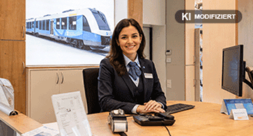 Friendly customer service representative at the counter of Bentheimer Eisenbahn AG (AI)